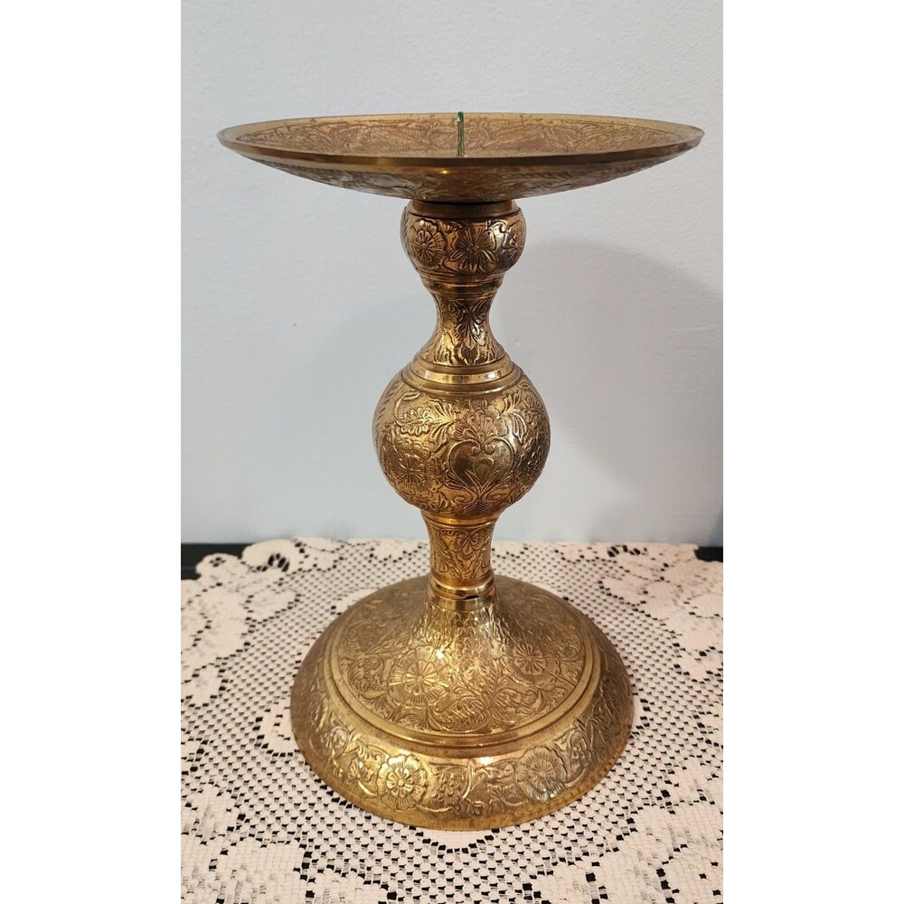 Brass Floral Etched Candle Holder Made in India 9.5 x 6"